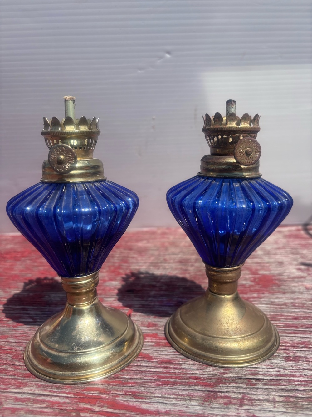 Pair of vintage cobalt blue miniature oil lamps w p&a band burners-Victorian